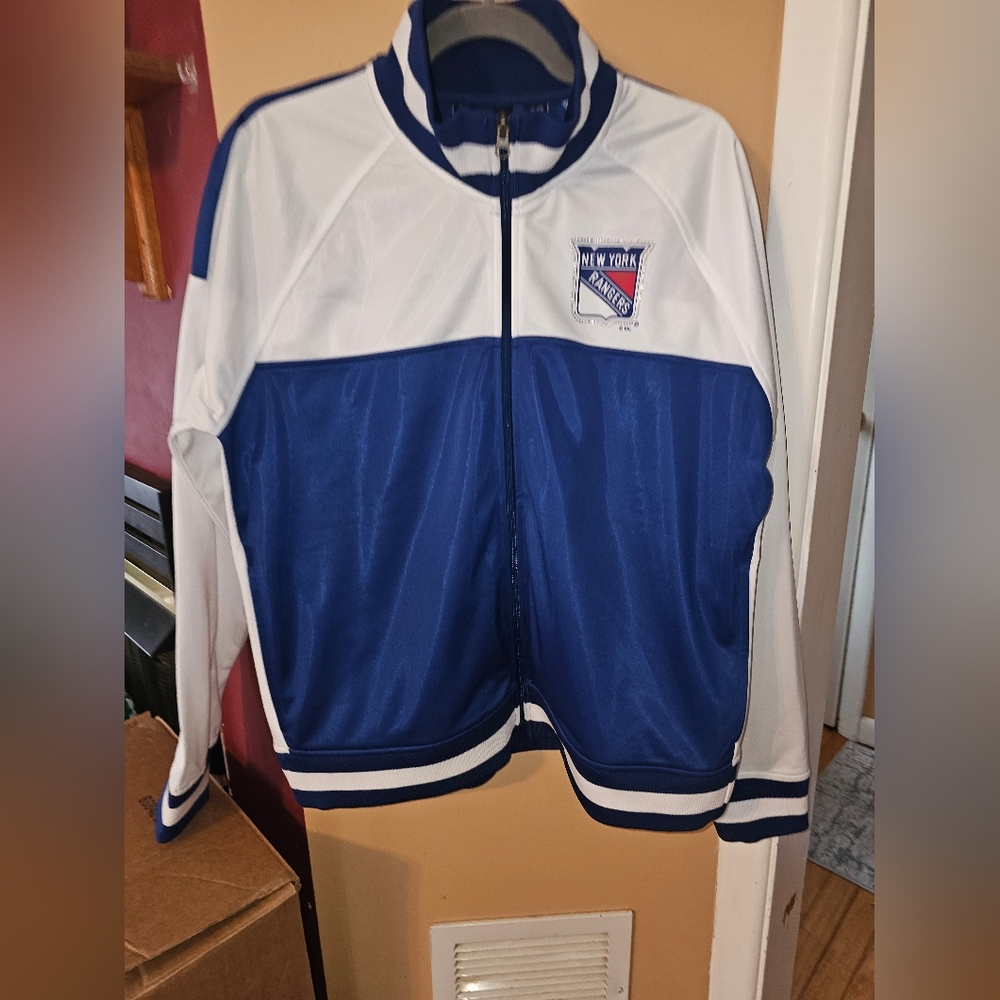Womens New York Rangers White Faceoff Rhinestone Raglan Full Zip Jacket XL